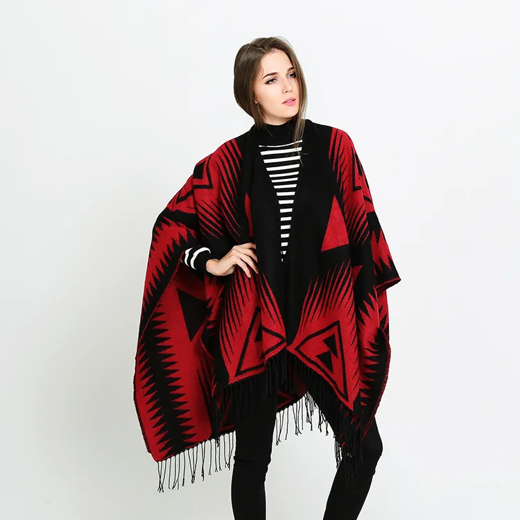 

2019 new fashion Christmas Women's Batwing Tassels Poncho Cape Winter Knit Thick Tartan Cloak Coat Shawl Scarf Red cashmere gift