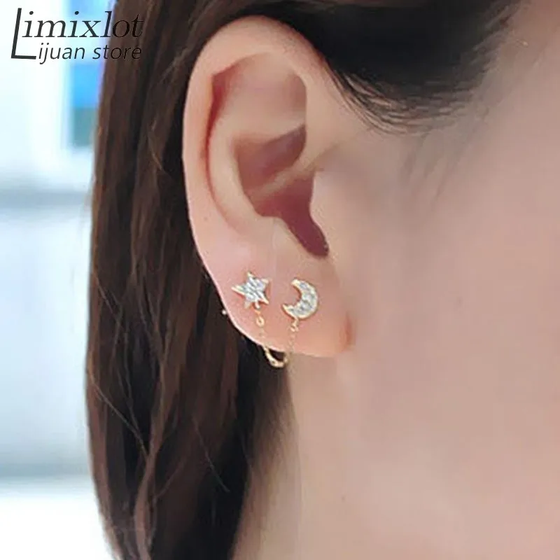 

Moon Stars Rhinestone Trendy Zinc Alloy Women Earings Brincos 1 Two Piercing Ear Cuff Ring Chain Double Earring