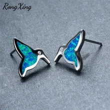 Rongxing стерлингового серебра 925 Заполненный Синий/Белый огненный опал милые птицы Серьги-гвоздики Для женщин Винтаж Мода Ювелирные Животное ear0682