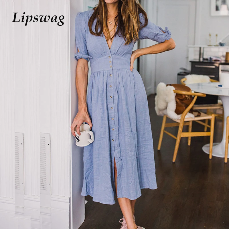 

Lipswag Summer Women Bandage Dress Vestidos Sexy Deep V-Neck Slit Wrap Party Dress Casual Loose Button Elegant Beach Long Dress