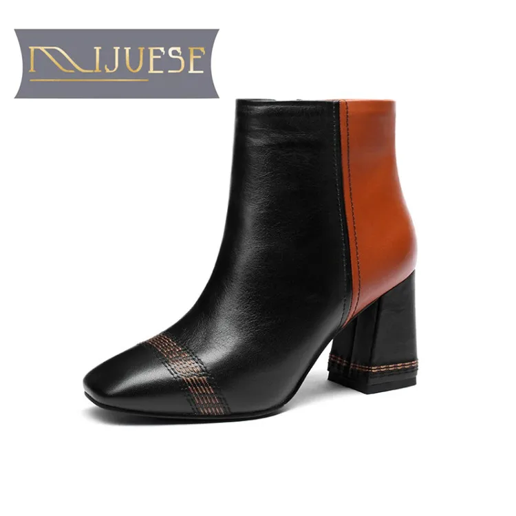 

MLJUESE 2019 women ankle boots cow leather mixed colors Rome style zippers autumn square toe high heels women martin boots