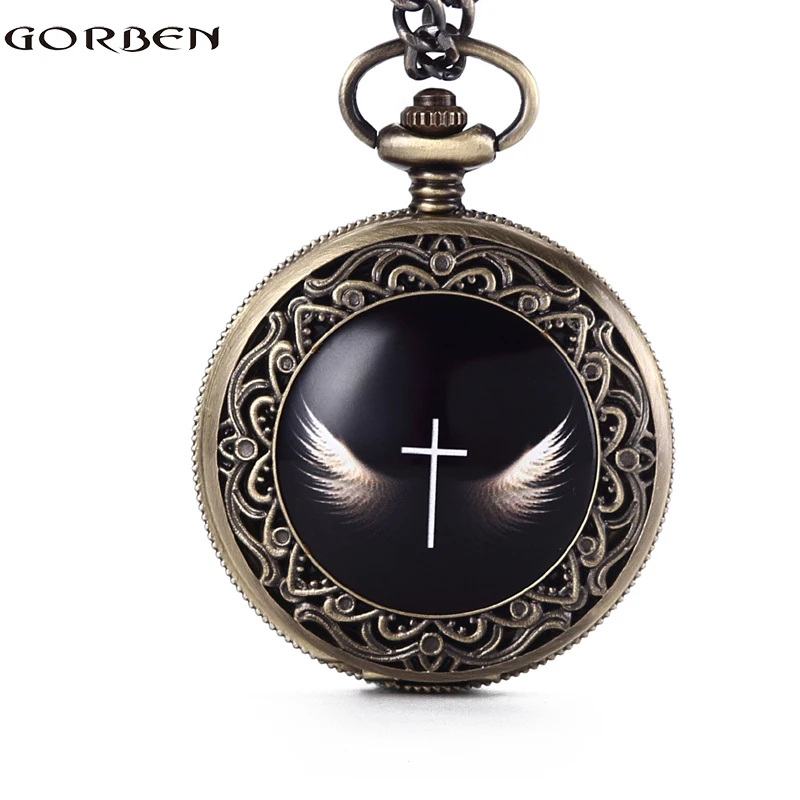 

Gorben New Arrival Angel Wings Cross Pocket Watch Mens With Fob Chain Vintage Roman Numeral Dial Quartz Women Watch Gift Box
