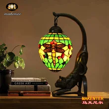 Makenier Винтажный стиль Тиффани витраж зеленая Стрекоза Настольная лампа с кошачьим основанием, 6 дюймов закрытый абажур
