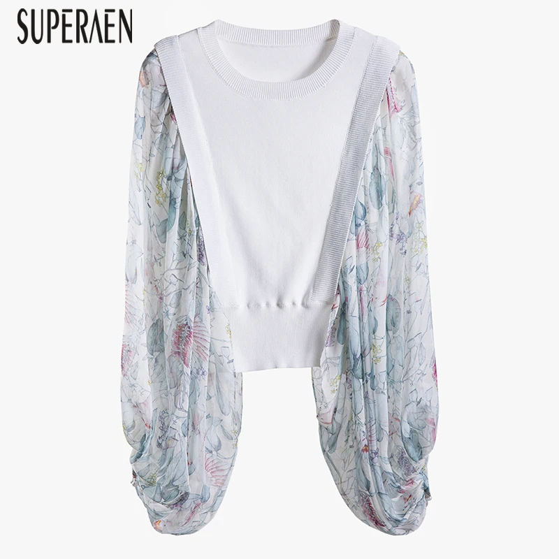 

SuperAen Europe Fashion Women Sweater Spring New 2019 Wild Casual Stitching Knit Top Female Round Neck Fake Two Piece Sweaters