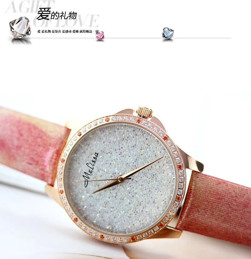 Melissa женские часы Япония кварцевые часы Прекрасный модный браслет шикарные звезды Роскошные Стразы кожа девушка подарок на день рождения