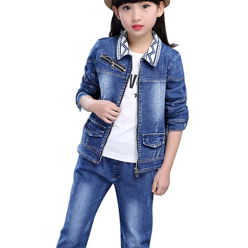 

Baby Fashion Clothing Kids Girls Cowboy Suit Children Girls Sports Denim Baseball Clothes Letter Denim Jacket + Pants 2Pcs set