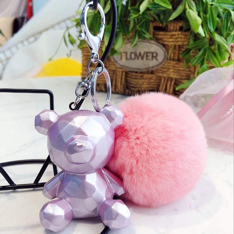 

Fashion Fluffy Rabbit Fur Ball Key Chain Cartoon BB Geometric Element Animal Bear Pompom Rabbit Fur Keychain Women Bag Key Ring