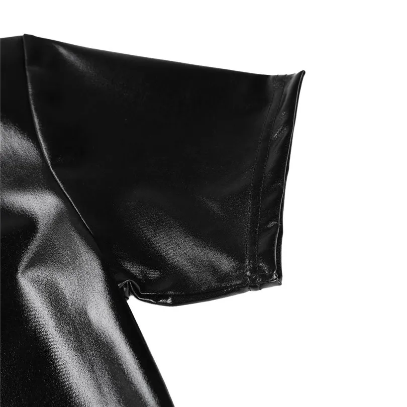 iEFiEL Black Faux Leather Mens Lingerie Stretchy Short Sleeves Zipper Crotch Full Body Leotard Jumpsuit Male Nightclub Bodysuit