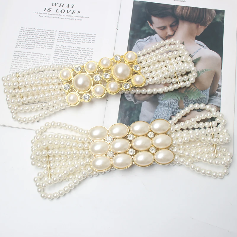 

Vintage Handmade artificial Pearl Waist Belt Multi-layers Elastic Wide Waist Band Female Summer Dress Shirt Corset Strap Belts