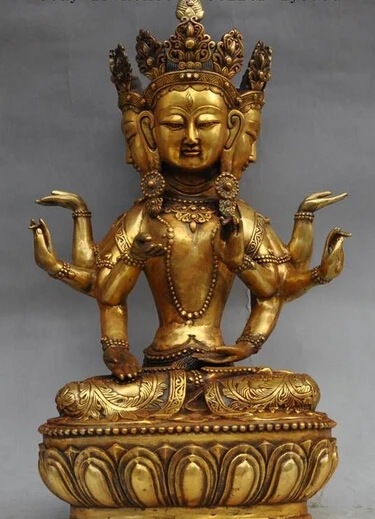 

005984 20"Tibet Bronze Gilt pray 3 Head 8 Arms Namgyalma & Ushnishavijaya Buddha Statue