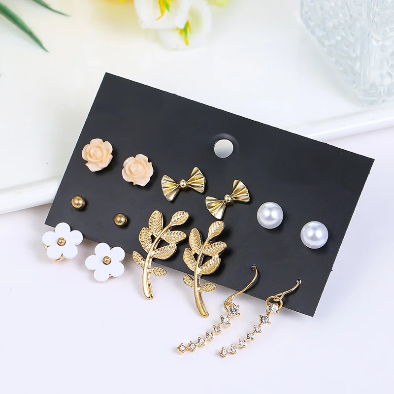 

OATHYAN 6 Pairs/set 2018 Korean Style Women's Acrylic Flower Stud Earrings Set Female Pearl Ball Gold Leaf Earring Jewelry Gifts