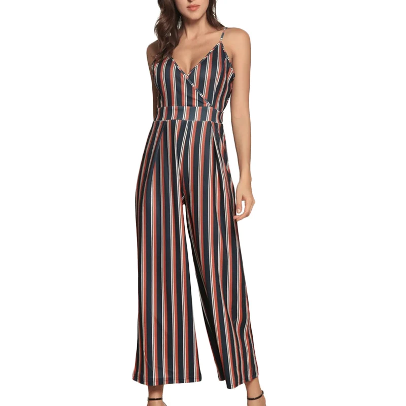 

Summer New Print Straps Jumpsuit Women Fashion off-the-shoulder Striped Trousers blue women's Casual Thin Overalls Rompers F600