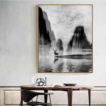 

Mondern Canvas Deer Wall Art Chinese Ink Printable Posters and Prints Wall Pictures For Living Room Home Decor No Frame