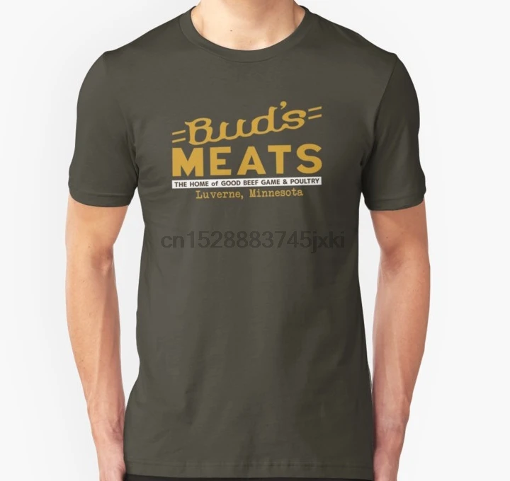 

Men Short sleeve tshirt BUD MEATS The Home of Good Beef Game Poultry (FARGO) Unisex T Shirt Women t-shirt