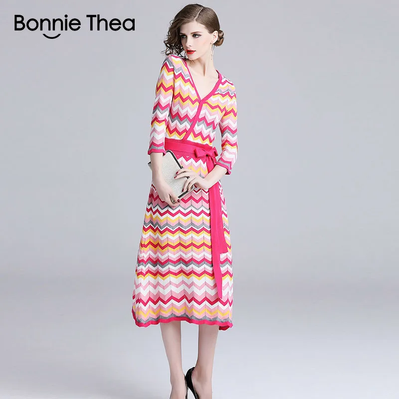 Женское вязаное платье в радужную полоску Bonnie Thea элегантное осеннее свитер
