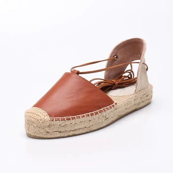 

Genuine Leather sandal espadrilles shoes 2018 women D'orsay flat espadrilles fashion lace-up flat shoes