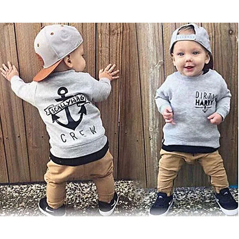 

2019 Kid Baby Boys Clothes Long Sleeve Cotton Grey Sweater+Khaki Trousers 2PCS Trending Clothing Sets for Kids Boy 6M-4T