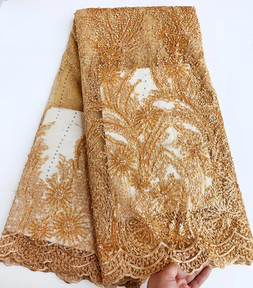 5 ярдов превосходная Золотая аккуратная вышивка африканская французская кружевная ткань в нигерийском стиле праздничная одежда ткань с блестками вам понравится