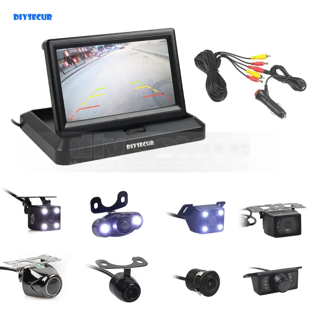 

DIYSECUR 5inch Foldabel Car Monitor Night Vision Backup Reverse Camera Car Rear View Camera free Car Charger Easy Connect