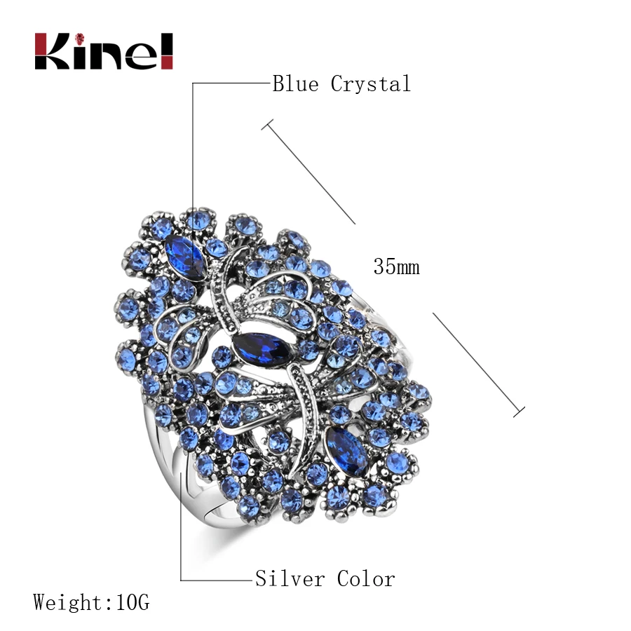 Kinel, винтажное, синее, стрекоза со стразами, кольца для женщин, античное, серебряное, цвет, полое, с кристаллами, большое кольцо, для свадьбы, вечеринки, ювелирные изделия в виде животных