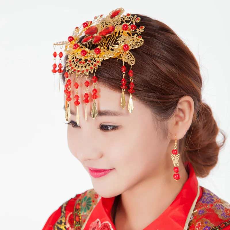 Red rhinestone hair accessories bride headdress Chinese Red rhinestone hair accessories bride headdress Chinese