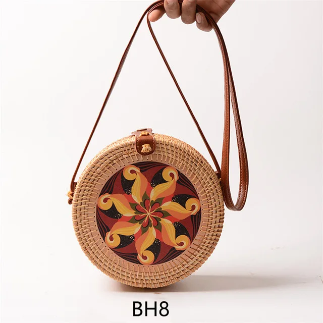 Этнический стиль, круглые пляжные сумки через плечо, бохо Балийские ручные тканые сумки из ротанга для женщин, винтажная соломенная сумка на плечо с цветочным принтом - Цвет: BH8