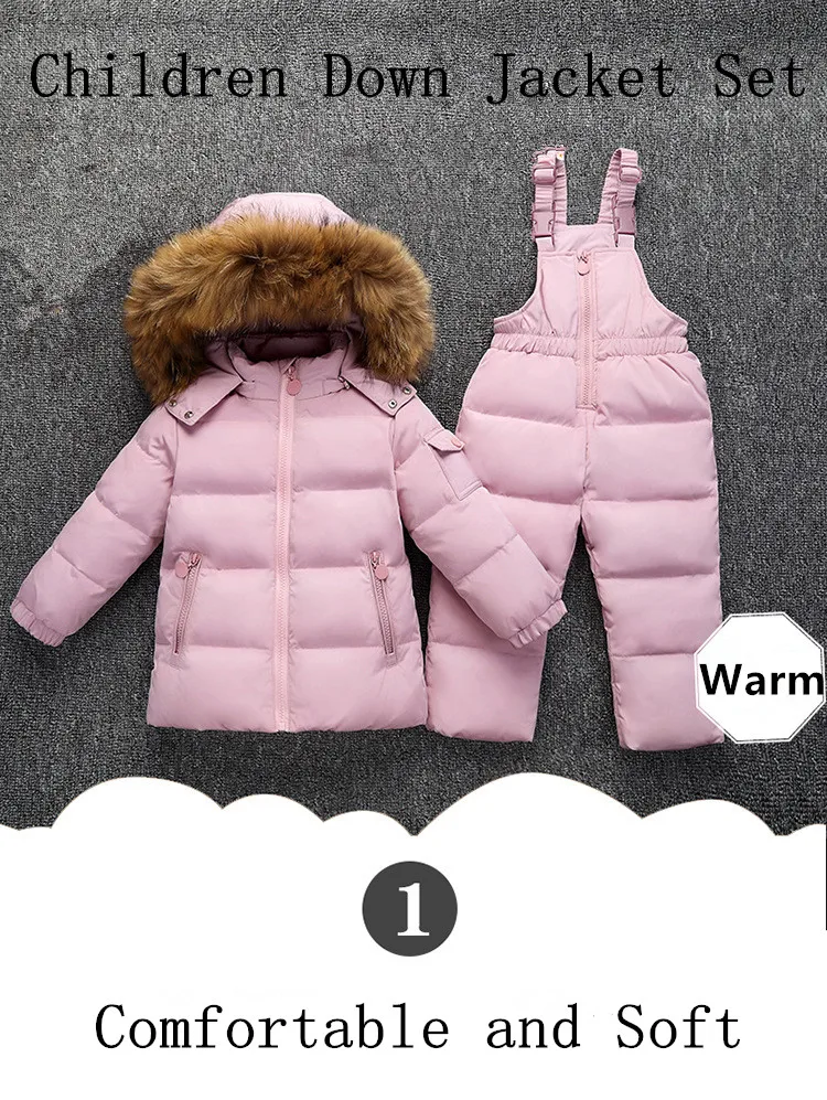 30 Degrees Winter Children Down Jacket Clothing Sets Furry Collar Girls Down Jackets+ Overalls Kids Warm Suit For Boys