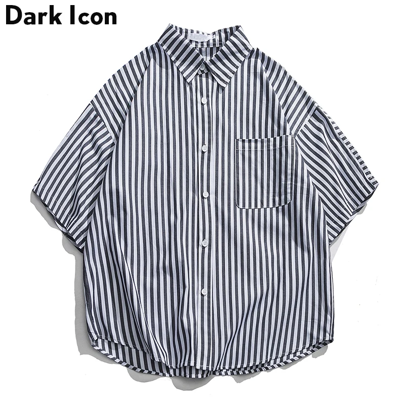 

Dark Icon Striped Letters Oversized Shirts Men 2019 Summer Front Pocket Loose Shirts for Men Beach Shirts