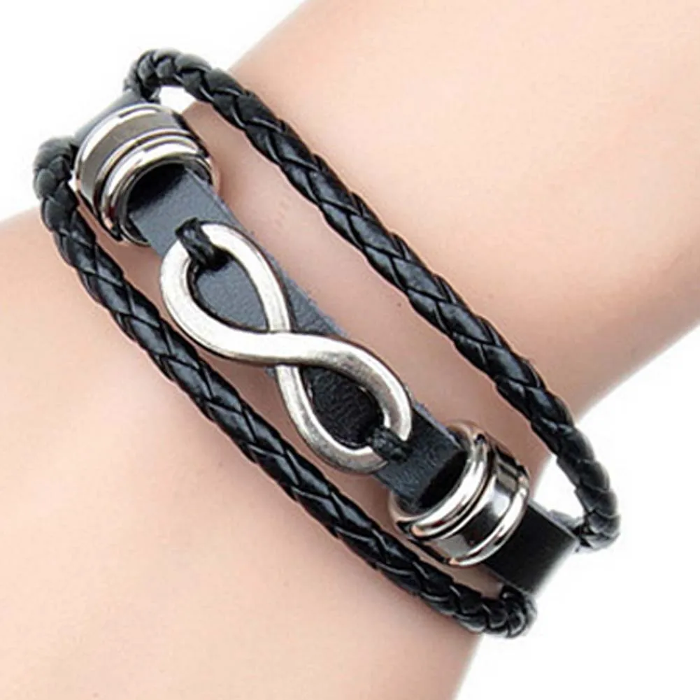 2016 New Fashion Black Leather Bracelet Stainless Steel Charm Infinity