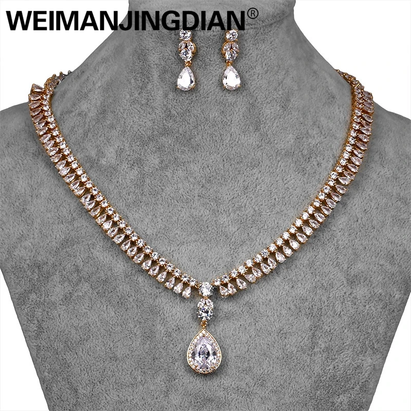 WEIMANJINGDIAN Elegant Countless Teardrop Cubic Zirconia Tennis Necklace& Earring Wedding Bridal Jewelry Set for Women or Party