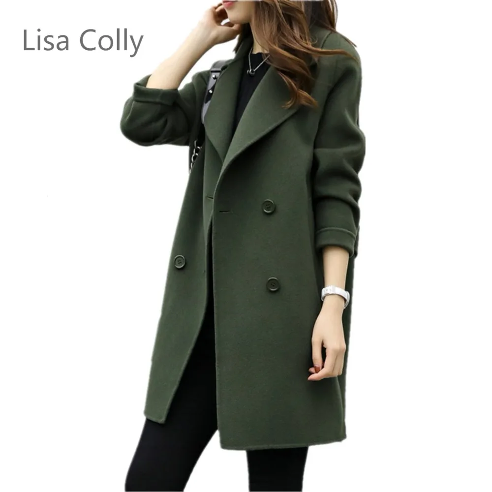 

Lisa Colly Spring Autumn New fashion women's wool Jacket coat double breasted coat Women long sleeves Loose OL Outwear Coat