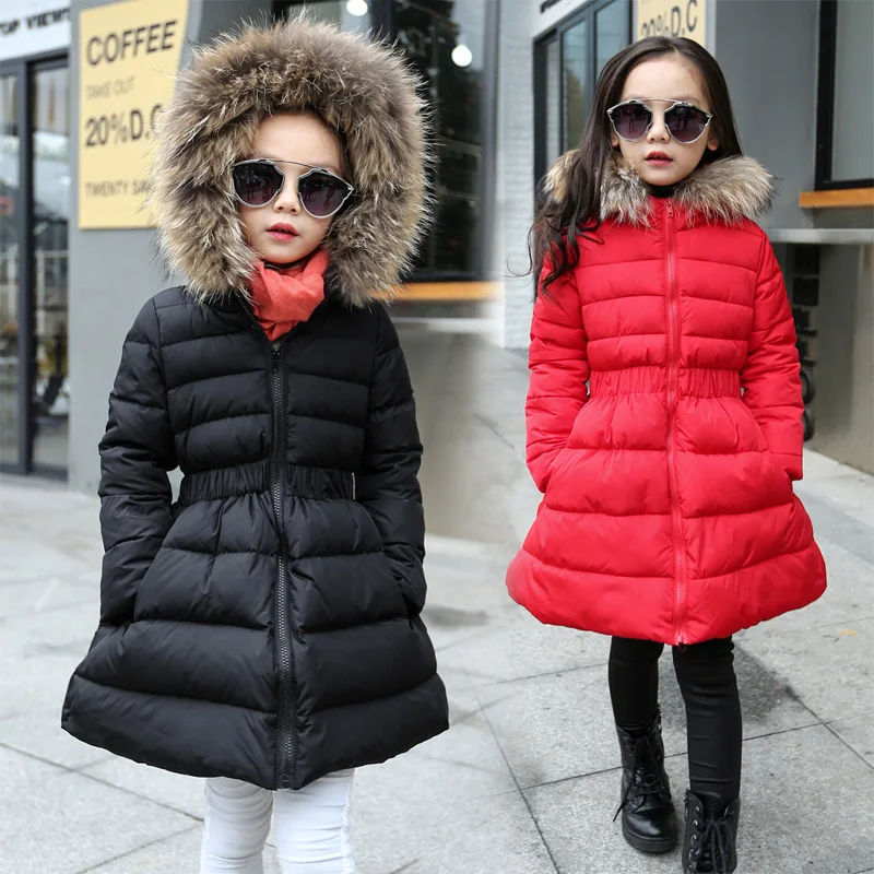 Girls Warm Winter Hooded Coat Baby Children Padded Thick Parka Long Fur Jacket