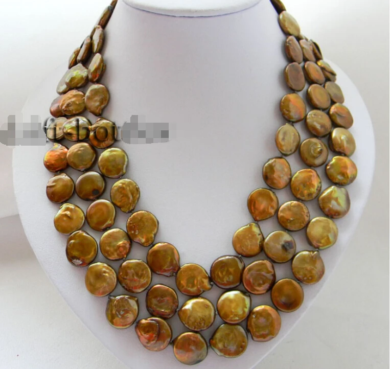

fast 3Strands 18'' 15mm Coin Coffee Freshwater Pearl Necklace NEW