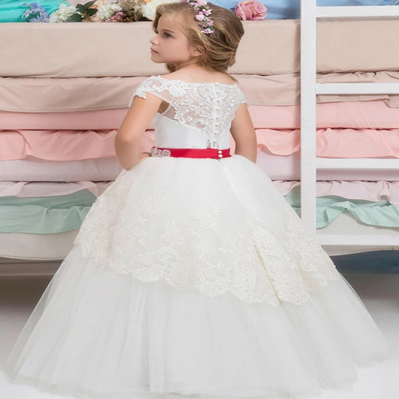 Picture color Elegant Flower Girl Dresses Lace Applique Tulle Beaded Belt Princess Party Holiday Wedding First Communion Dresses - Цвет: Picture color