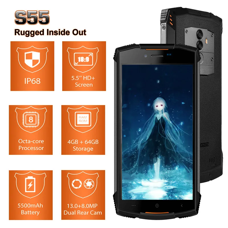 

New DOOGEE S55 RAM 4GB ROM 64GB 5.5" IP68 Waterproof Mobile Phone MTK6750T Octa Core Android 8.0 13MP Fingerprint 4G smartphone