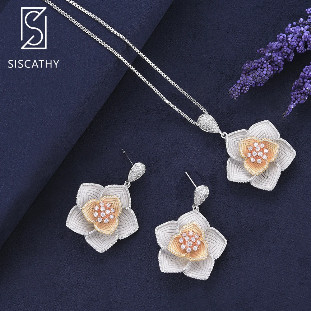 

SISCATHY 28*42 mm African Fashion Jewelry Necklace Dangle Earrings Set Flower Shape Cubic Zirconia Inlaid Jewelry sets more