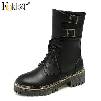 

Eokkar 2019 Knight Boots Fashion Women Mid Calf Boots Lace Up Square Heel Women Boots Winter Shoes Women Shoes Big Size 34-43