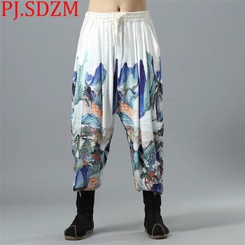 

PJ.SDZM 2018 New Retro Cotton Men's Casual Pants National Style Drop-crotch Loose Trousers Landscape Pattern Relaxed Breathable