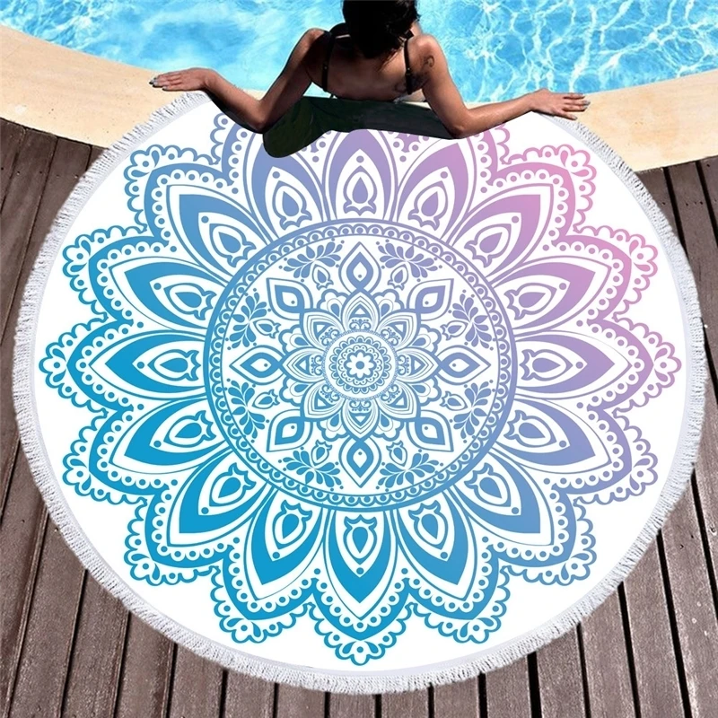 Mandala Elephant Flowers Printed Round Beach Towel Bohemian Microfiber Beach Towels Adults Travel Blankets Bath Towel Tapestry