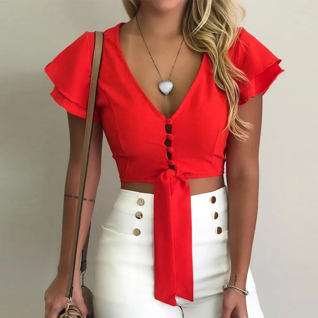 

Crop Top Women Summer Short Sleeve Flare Chiffon Slim Fit V-Neck Beach Soft Daily Casual Button Down Shirt Women Crop Top