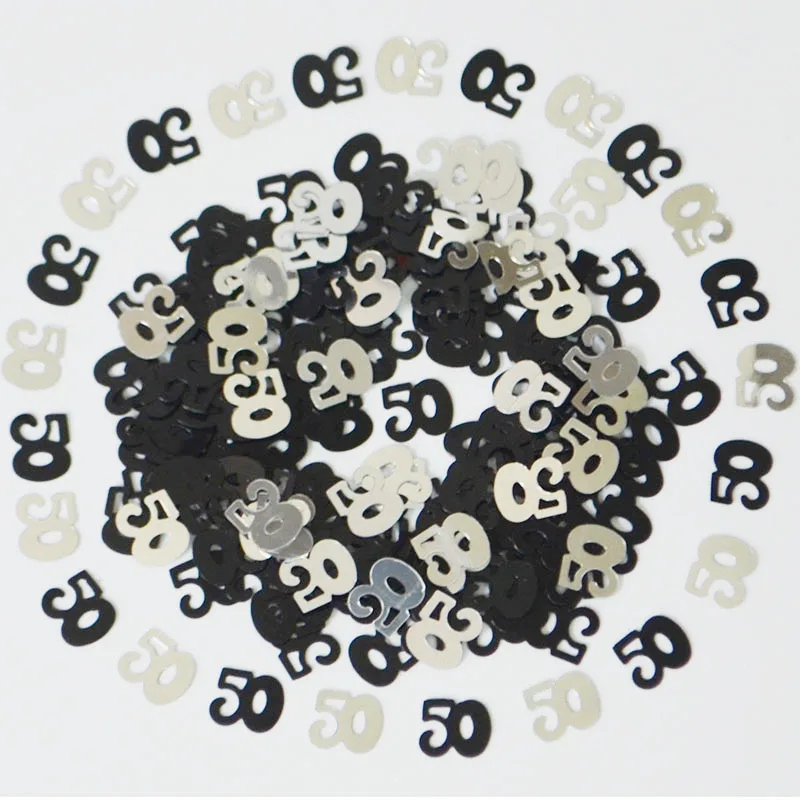 50-й День Рождения украшения стола Декор рассыпные Сияющие Glitz цифровые черные и серебряные конфетти металлик поставки