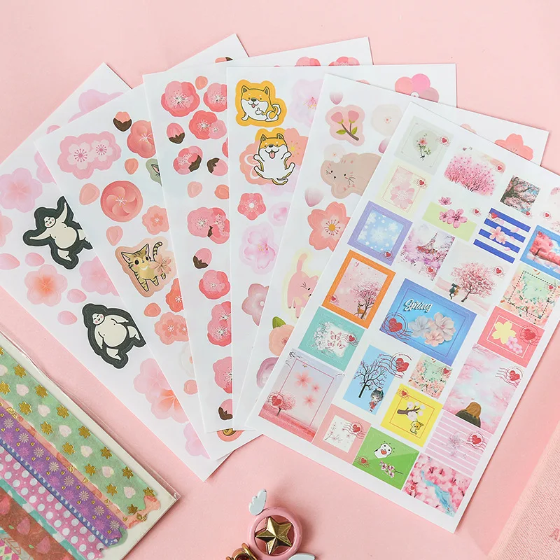 

6 Sheets /Pack Romantic Sakura & Cat Stickers Adhesive Craft Decor Notebook Diary Decorative Student Stationery