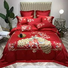 Красный 100S Египетский хлопок Павлин Вышивка роскошный китайский стиль набор свадебного постельного белья пододеяльник простыня/льняной чехол для подушки