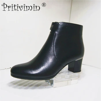 

Pritivimin FN206 New Women High Heels Ankle Boots Genuine Leather Shoes Short Plush Inside Sheepskin Autumn grace Black Botas