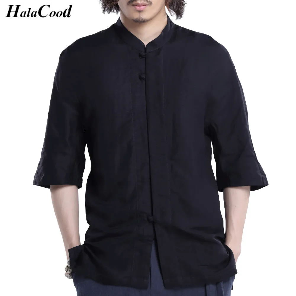 

Fashion New High Quality Chinese Style Summer Tang Suit Solid Color Cotton Men's Shirt Loose Collar Linen Five Points Cuff Shirt