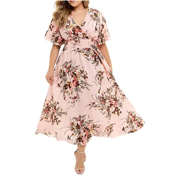 

Plus Size Floral Print V-Neck Casual Dress Women 2020 Summer Short Sleeve A Line High Waist Trapeze Maxi Dresses Vestidos