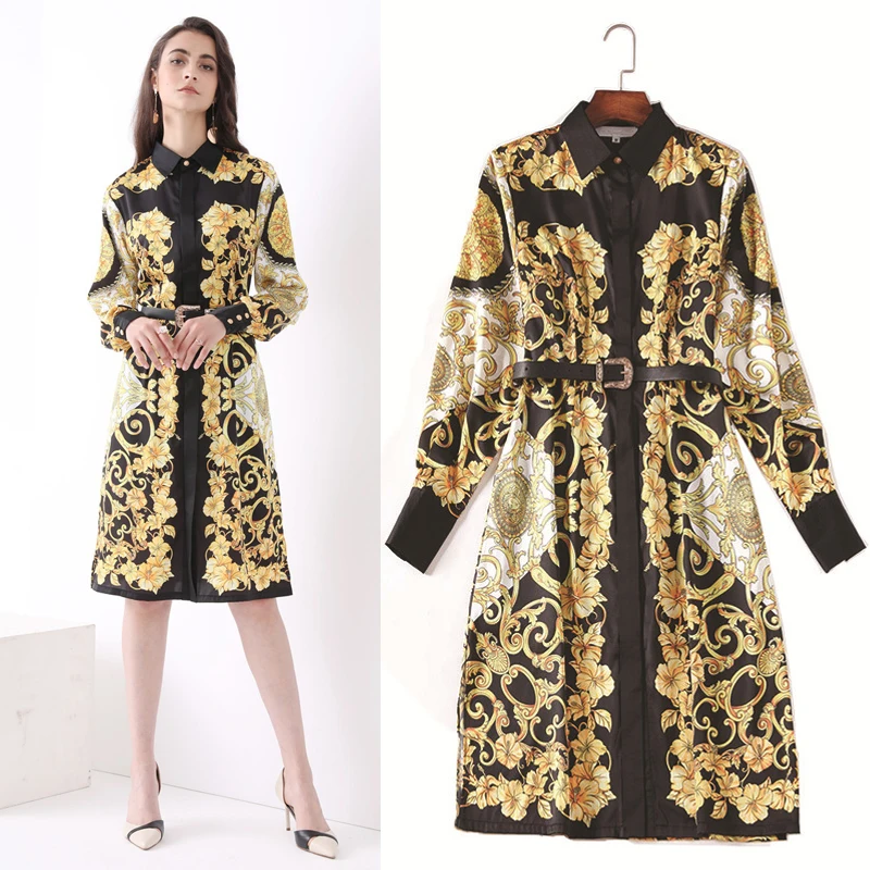 

New collect waist shirt lapel long sleeve printed palace restoring ancient ways women dress