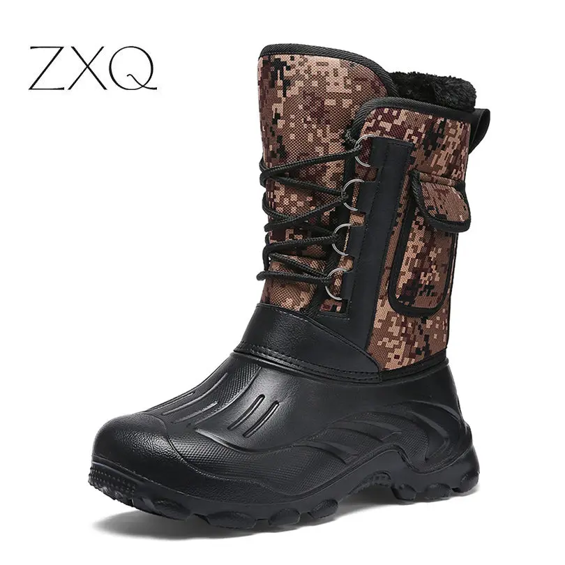 

New Winter Warm Men PU Leather Long Boots Camouflage Color Snow Boots With Fur Military Boots Waterproof Shoes For Men