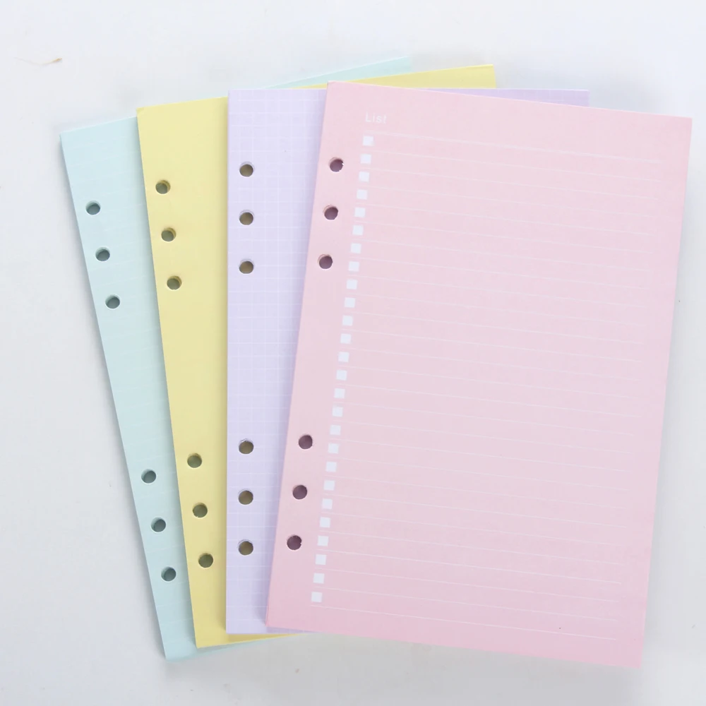 New cute colored inner papers core for spiral notebooks,6 holes 4 colors line,grid,blank,to do refiller papers A5A6 New cute colored inner papers core for spiral notebooks,6 holes 4 colors line,grid,blank,to do refiller papers A5A6