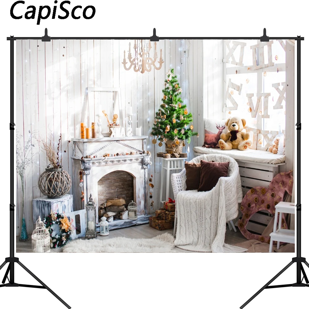 

Capisco Christmas Tree Wooden wall Baby Trojan toy Photography Background Customized Photographic Backdrop For Photo Studio